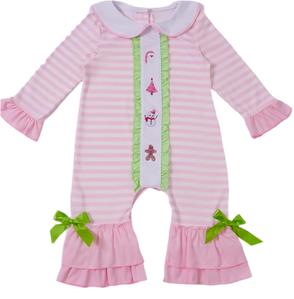 Embroidered Pink Christmas Striped - Girl Pants Romper