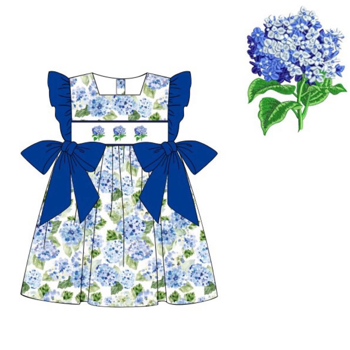 Blue hydrangeas, dress hand, smocked hand embroidery