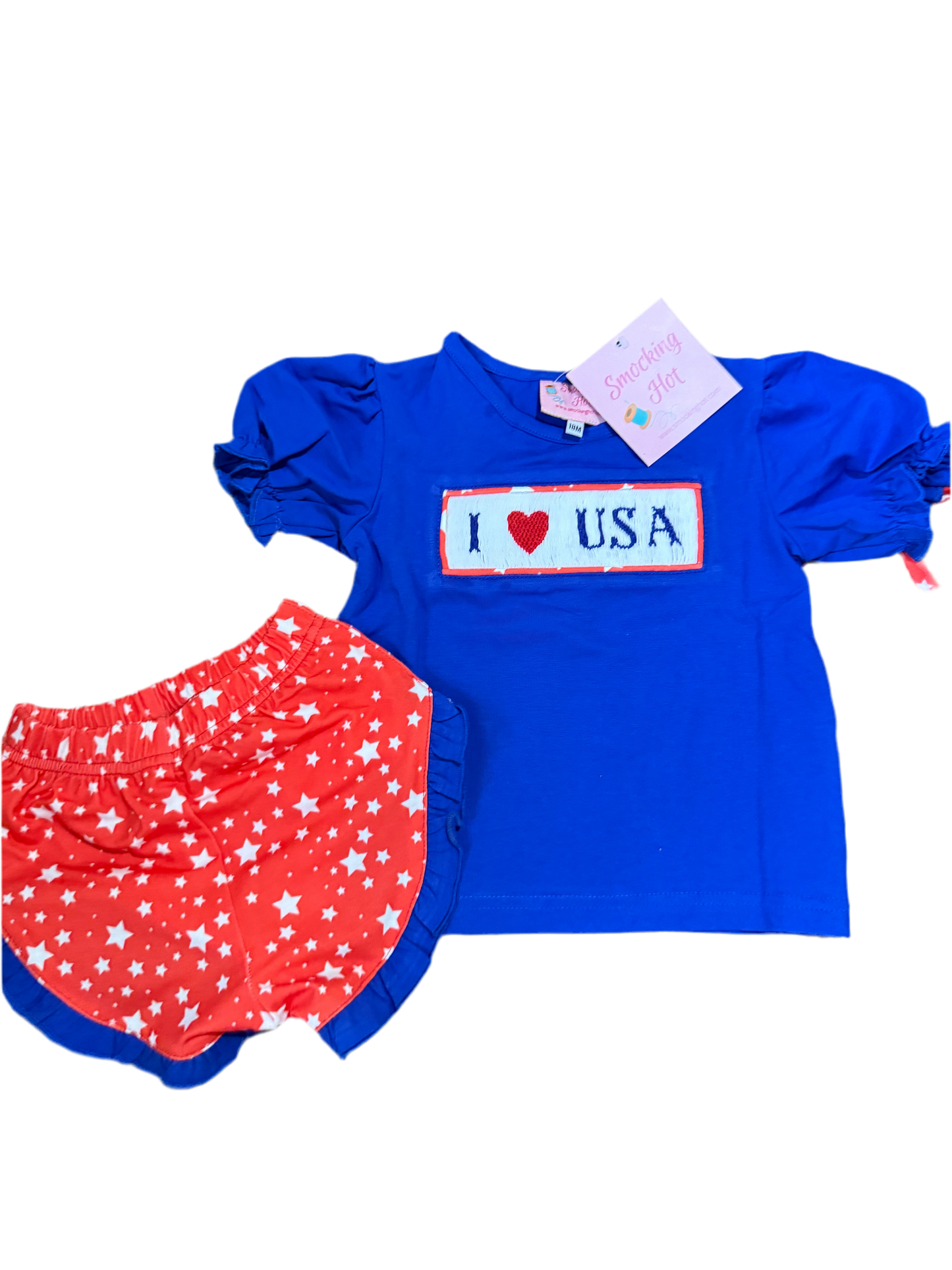 Hand smocked - I ❤️ USA - girls shorts set