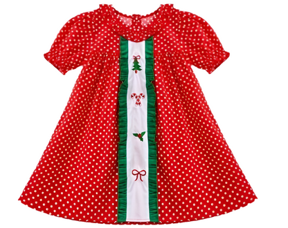 Christmas red dress polka dot - embroidery