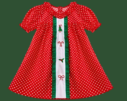 Christmas red dress polka dot - embroidery