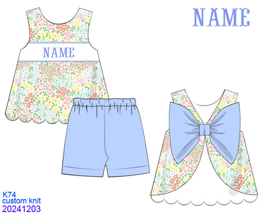 Pre-order 27 ETA June - Name Smock - blue girls - custom name smock set with back bow