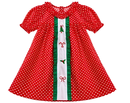 Christmas red dress polka dot - embroidery