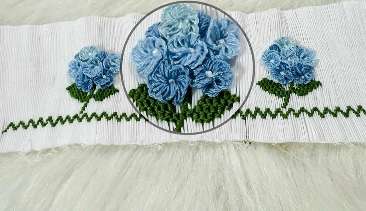 Blue hydrangeas, dress hand, smocked hand embroidery