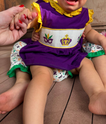 Mardi Gras - hand smocked girls bloomer set