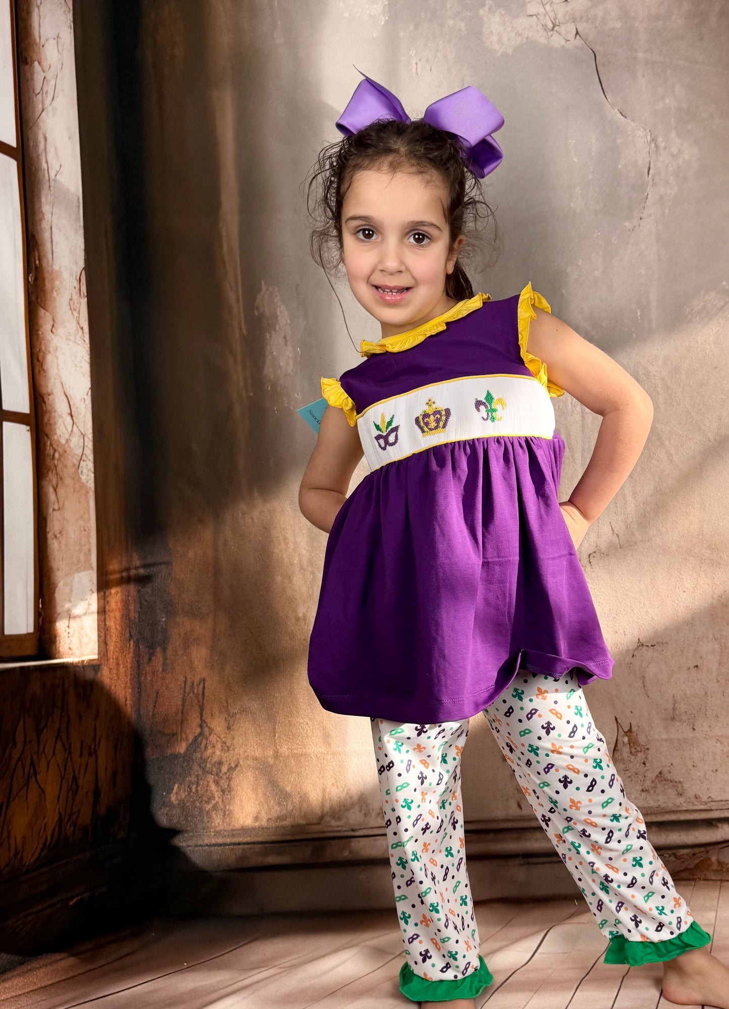 Mardi Gras - hand smocked girls pants set