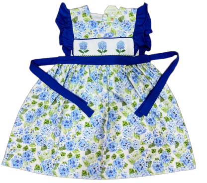 Blue hydrangeas, dress hand, smocked hand embroidery