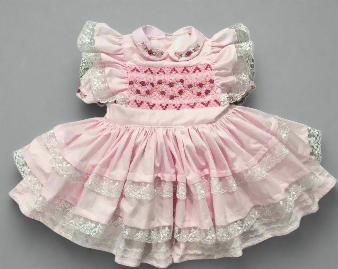 ETA April 1 - pink 2pc dress with detachable apron - hand smocked with hand embroidered dress