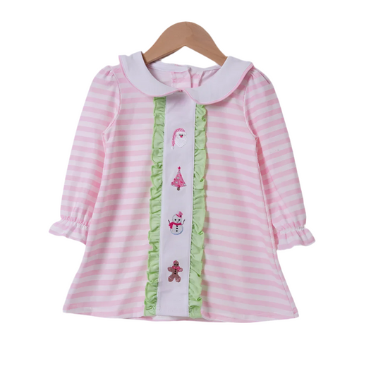 Pink Christmas Striped Embroidered Collection - Girls Dress