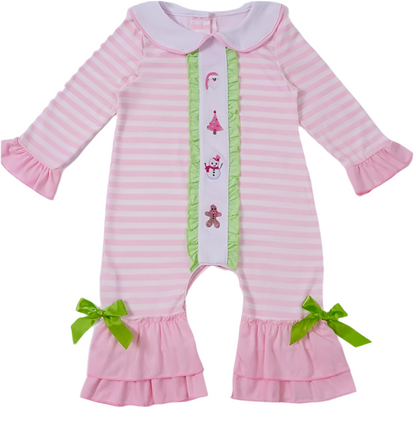 Embroidered Pink Christmas Striped - Girl Pants Romper