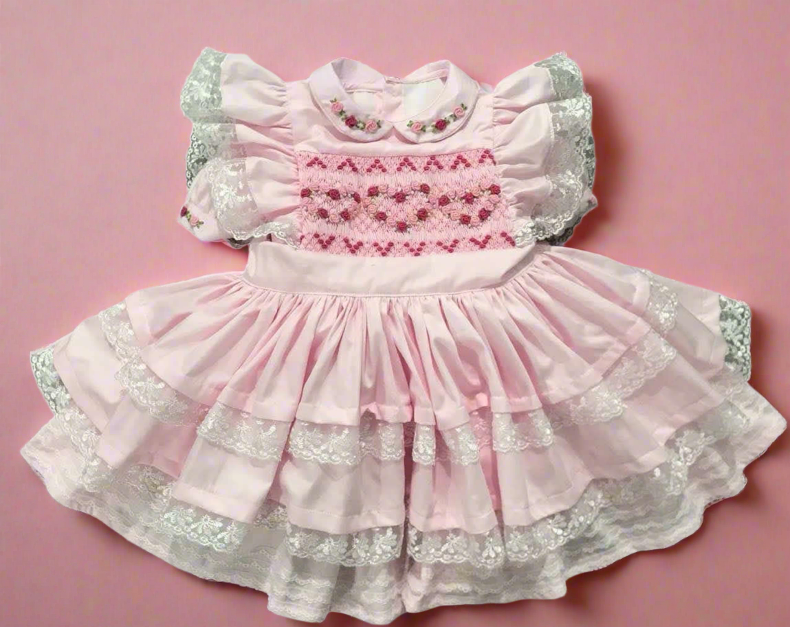 ETA April 1 - pink 2pc dress with detachable apron - hand smocked with hand embroidered dress