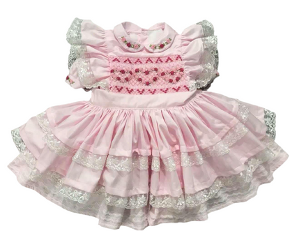 ETA April 1 - pink 2pc dress with detachable apron - hand smocked with hand embroidered dress