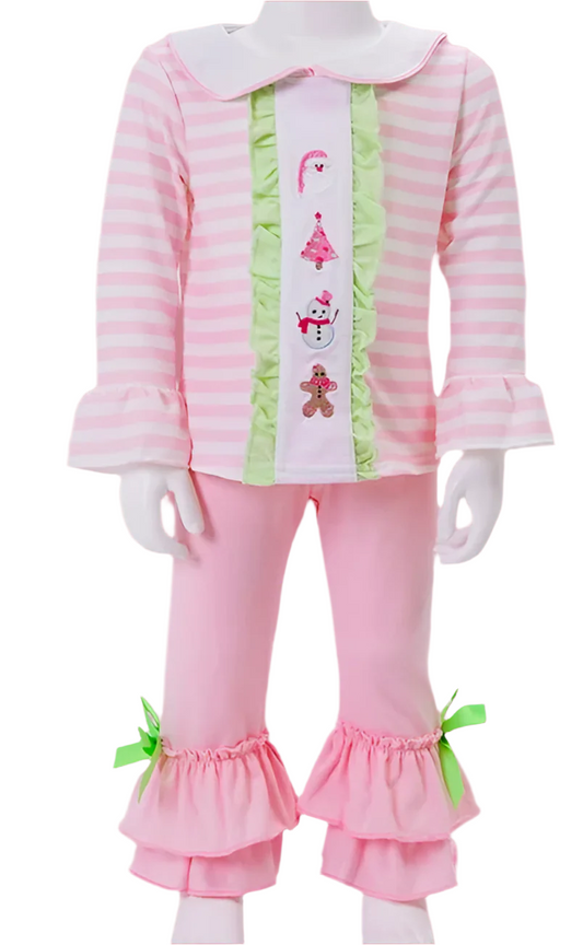 Pink Christmas Striped Embroidered Collection - Girls Pants Set