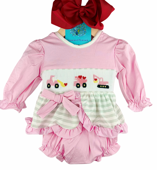 Construction Hearts - hand smocked - girl bloomer set