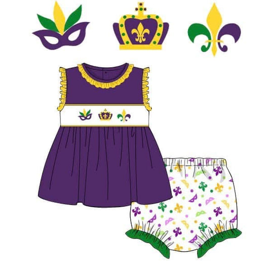 Mardi Gras - hand smocked girls bloomer set