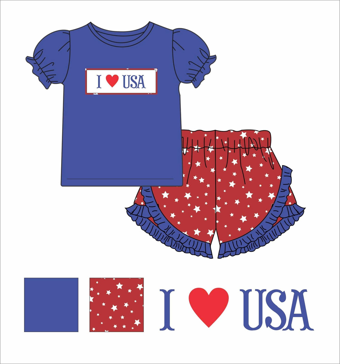 Hand smocked - I ❤️ USA - girls shorts set