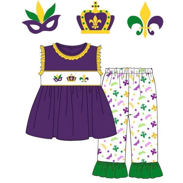 Mardi Gras - hand smocked girls pants set