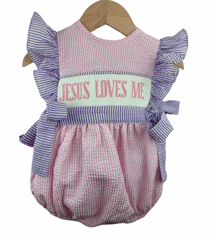 Jesus Loves Me Seersucker - Hand Smocked girl bubble