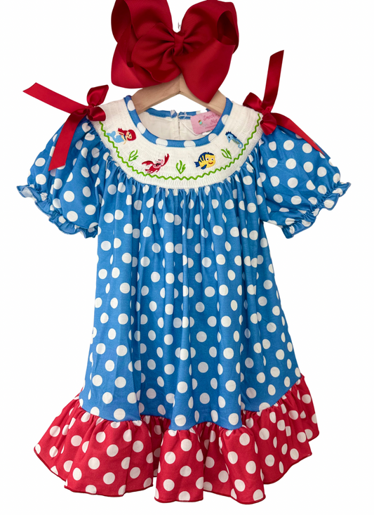 Mermaid Polka Dot Collection - machine Smocked Dress