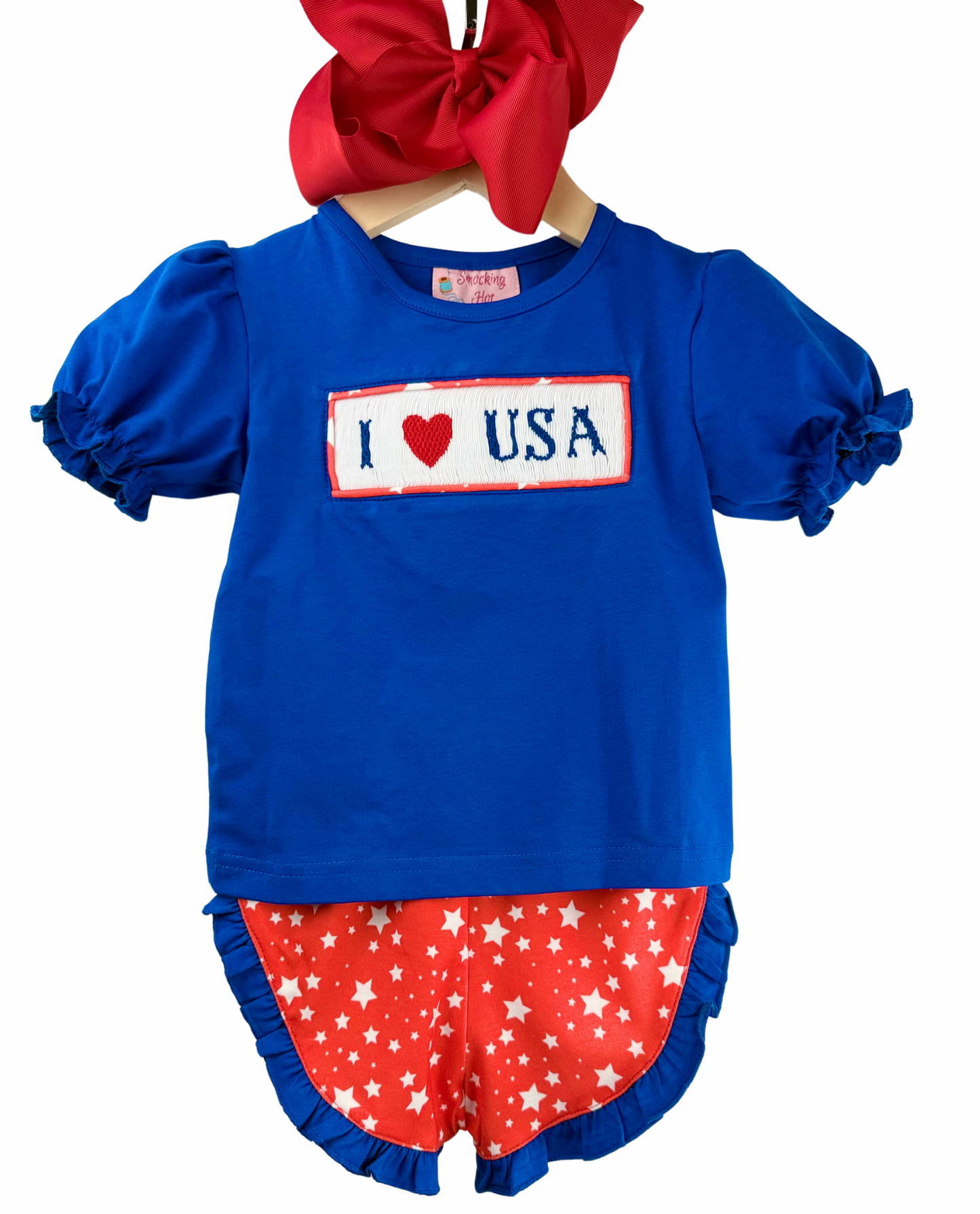 Hand smocked - I ❤️ USA - girls shorts set